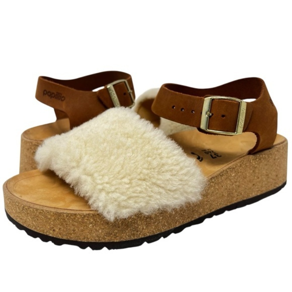 Papillio Shearling Cork Sandals with Brown Strap